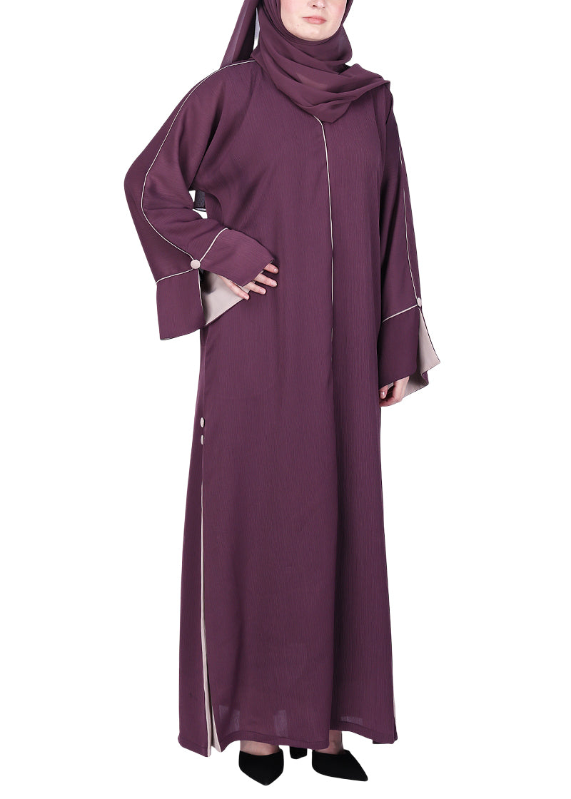 BeingMuslims Flowy Abaya with Sleek contrast Piping Purple
