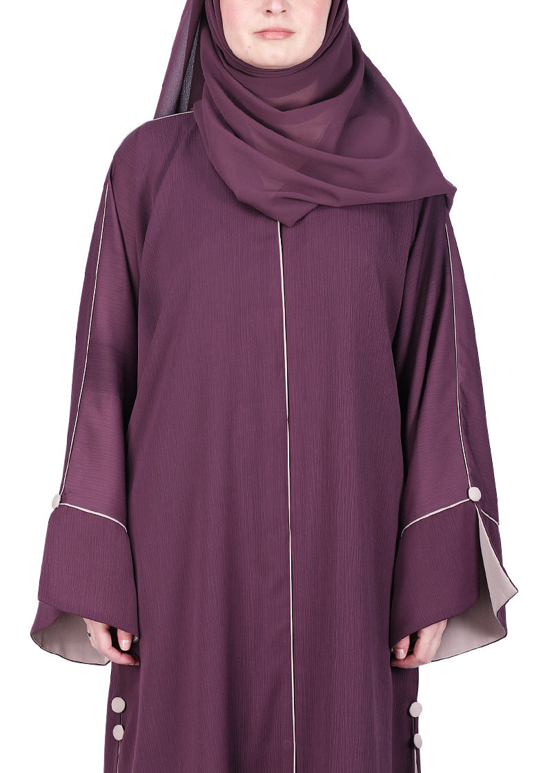 BeingMuslims Flowy Abaya with Sleek contrast Piping Purple