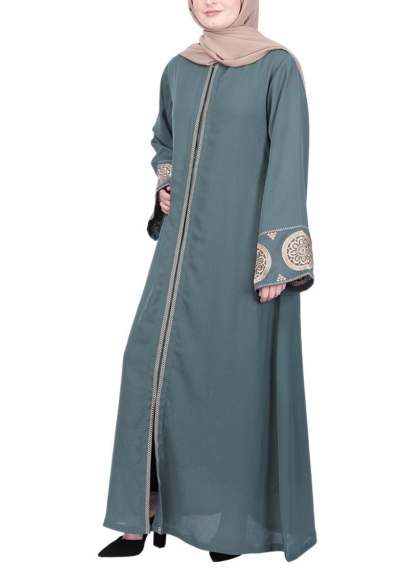 BeingMuslims Extraordinary Abaya Golden Circular Medallion Motifs Olive