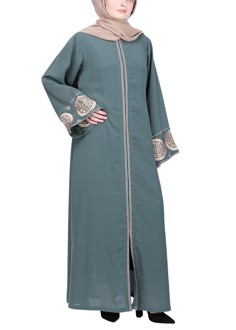 BeingMuslims Extraordinary Abaya Golden Circular Medallion Motifs Olive