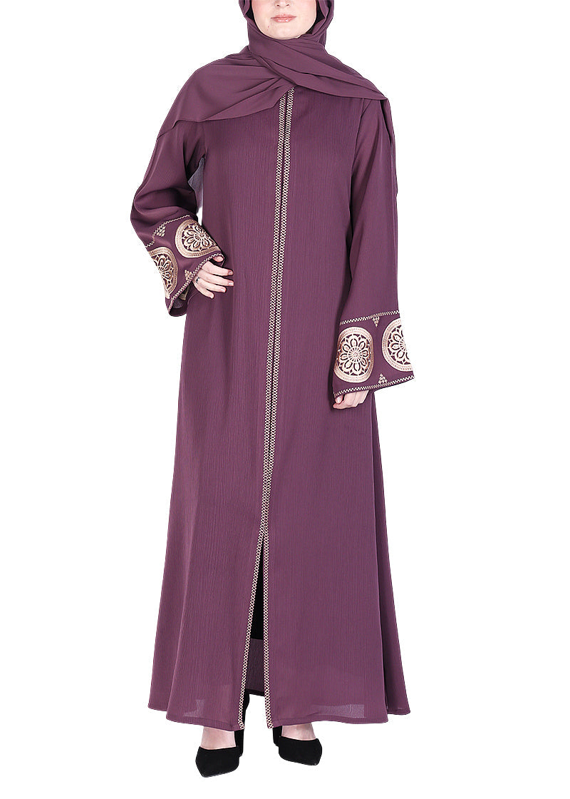 BeingMuslims Extraordinary Abaya Golden Circular Medallion Motifs Purple