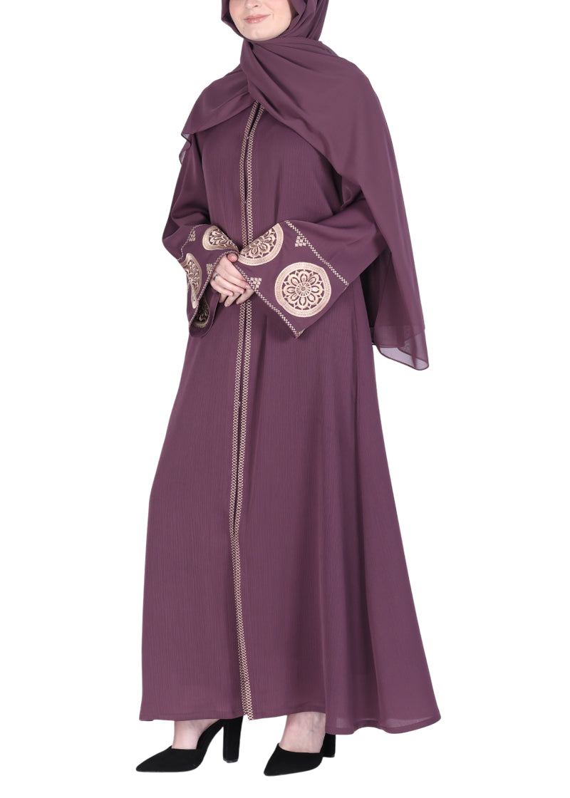 BeingMuslims Extraordinary Abaya Golden Circular Medallion Motifs Purple