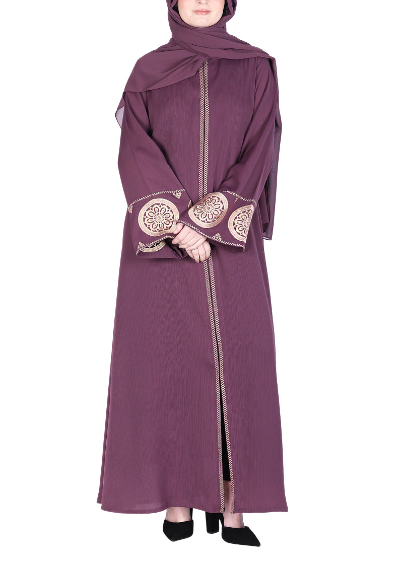 BeingMuslims Extraordinary Abaya Golden Circular Medallion Motifs Purple
