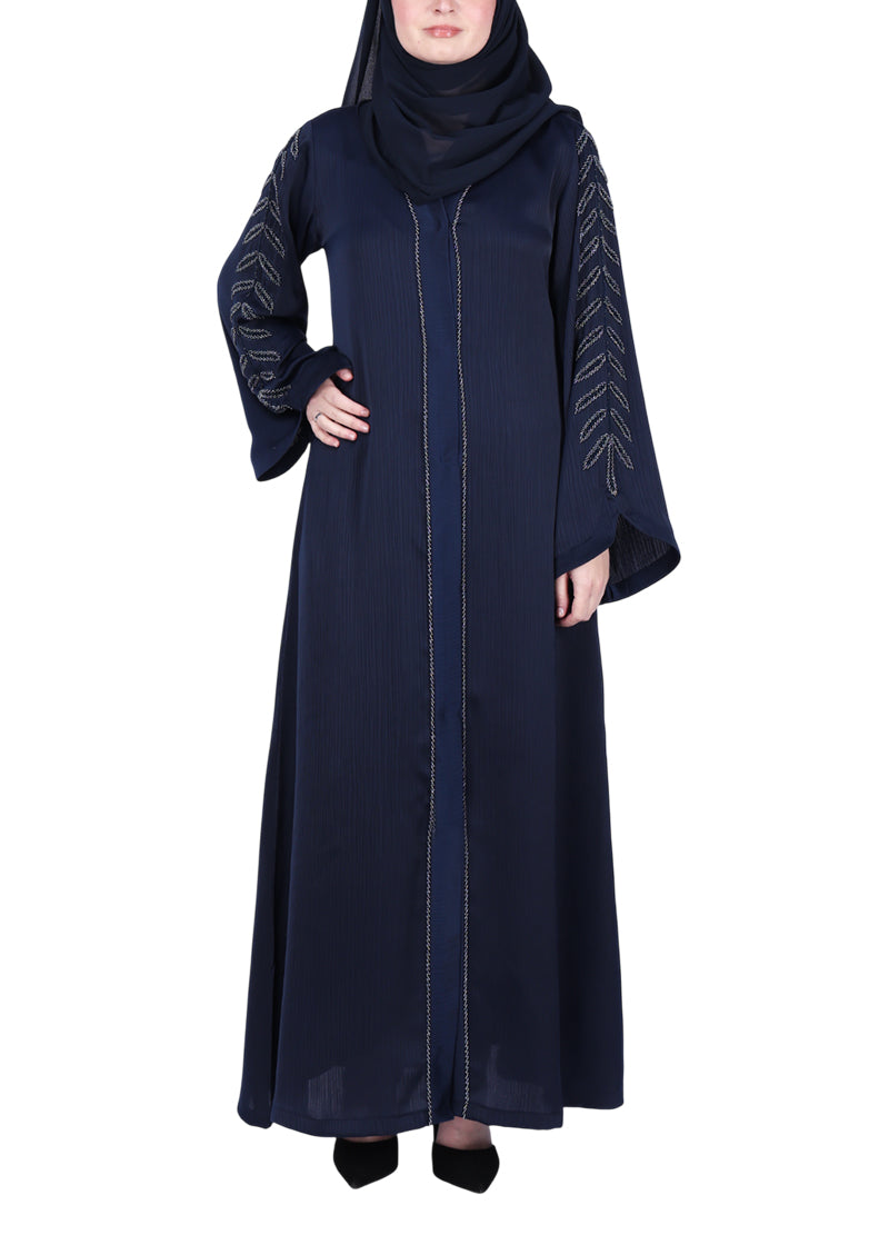 BeingMuslims Abaya with Subtle Embroidery with Leaf Inspired Motifs. Navy Blue