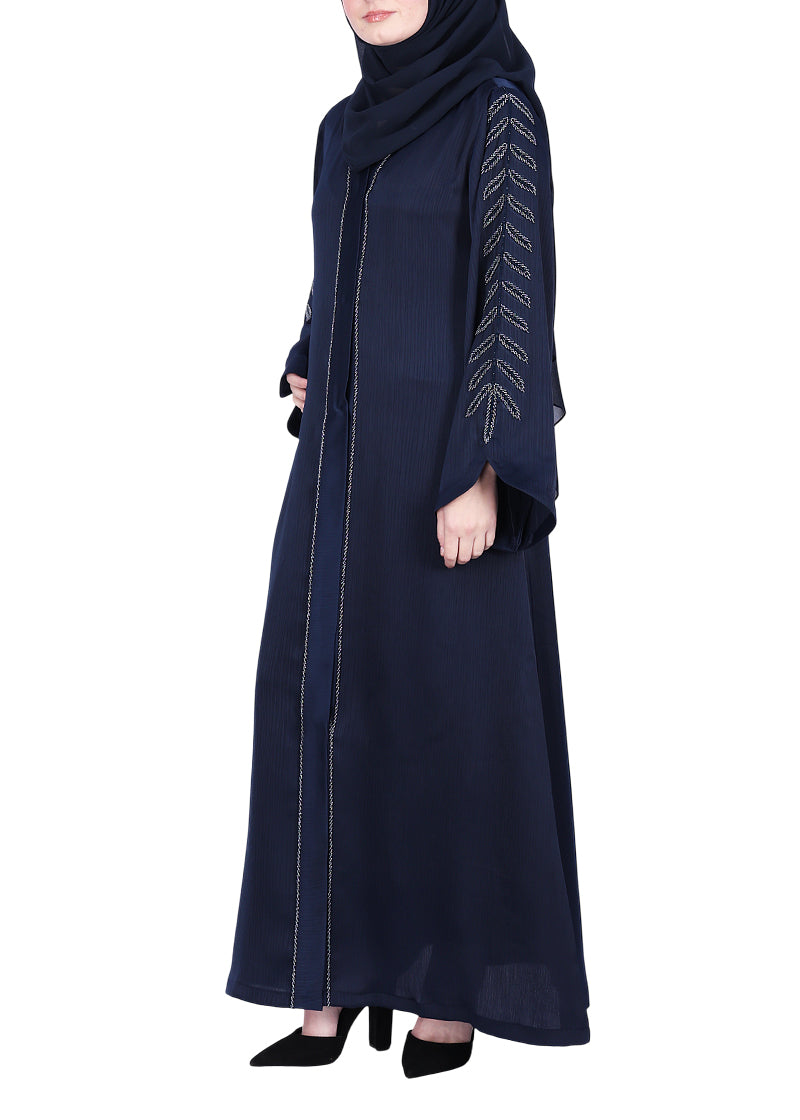 BeingMuslims Abaya with Subtle Embroidery with Leaf Inspired Motifs. Navy Blue