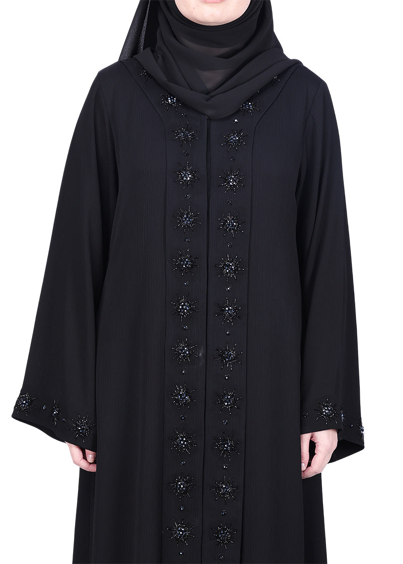 BeingMuslims Luxury Abaya with Rich Floral Beadwork Embroidery Black