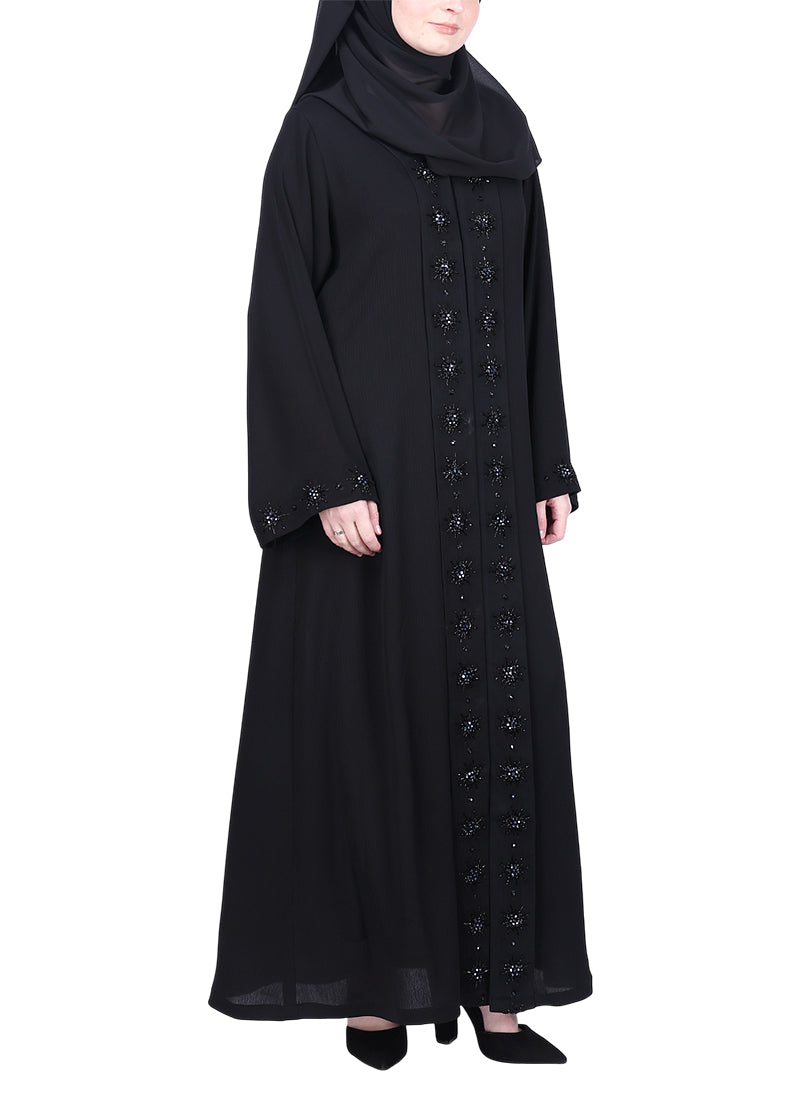 BeingMuslims Luxury Abaya with Rich Floral Beadwork Embroidery Black