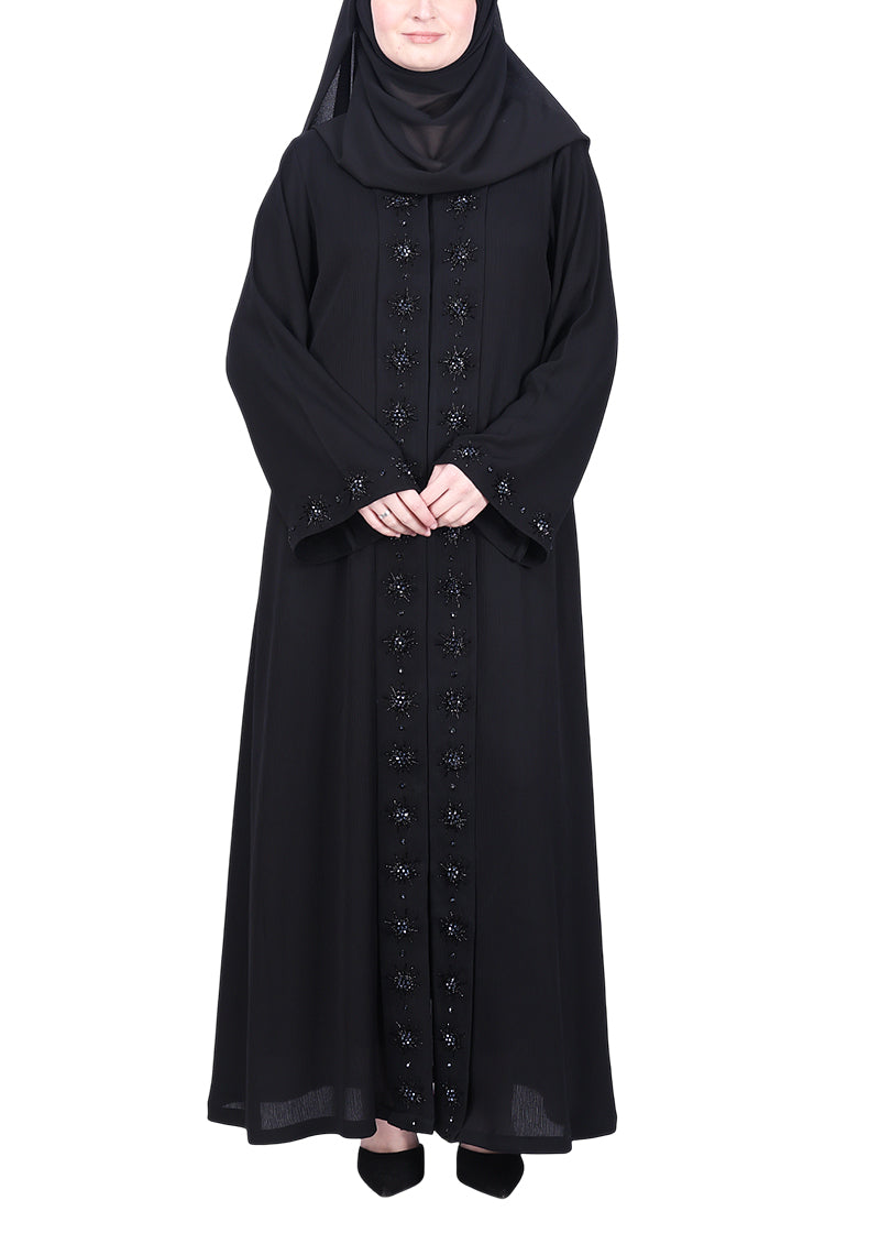 BeingMuslims Luxury Abaya with Rich Floral Beadwork Embroidery Black