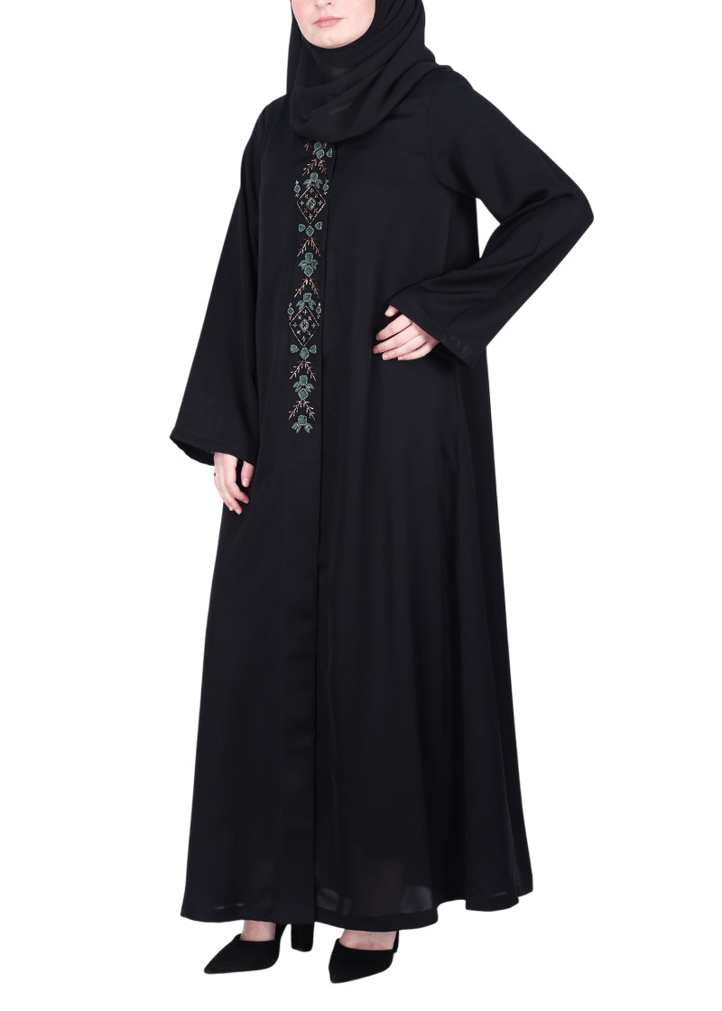 BeingMuslims Luxury Abaya with Muted Jewel Tone Embroidery Black