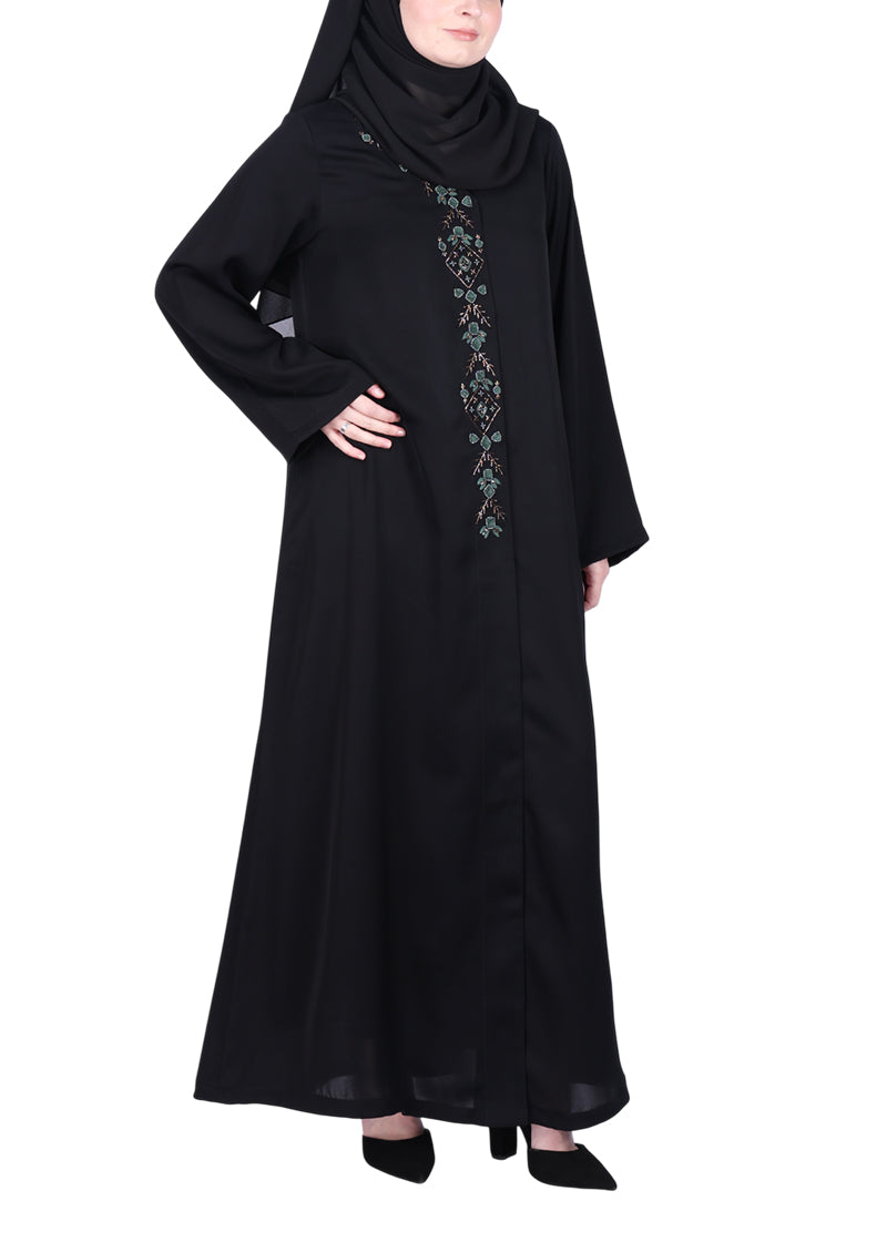 BeingMuslims Luxury Abaya with Muted Jewel Tone Embroidery Black