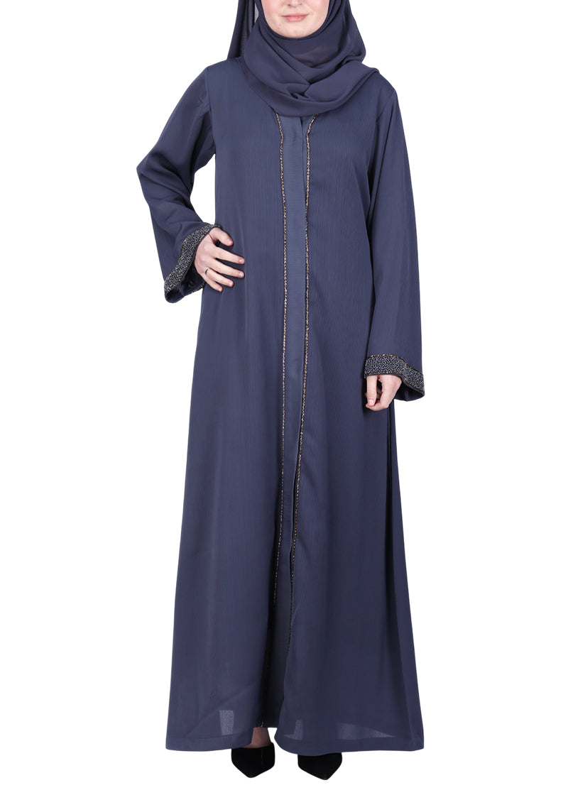 BeingMuslims Luxury Abaya with Subtle Handwork of Timeless Detailing. Dark Grey