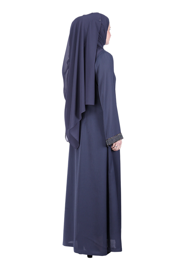 BeingMuslims Luxury Abaya with Subtle Handwork of Timeless Detailing. Dark Grey