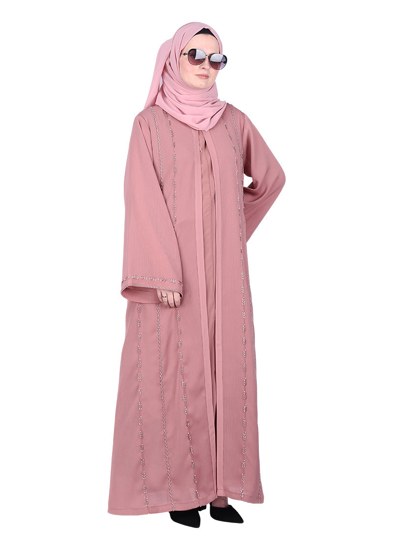 BeingMuslims Dusty Sophisticated Abaya with Vertical Embroidery Panels both Front and Back Pink