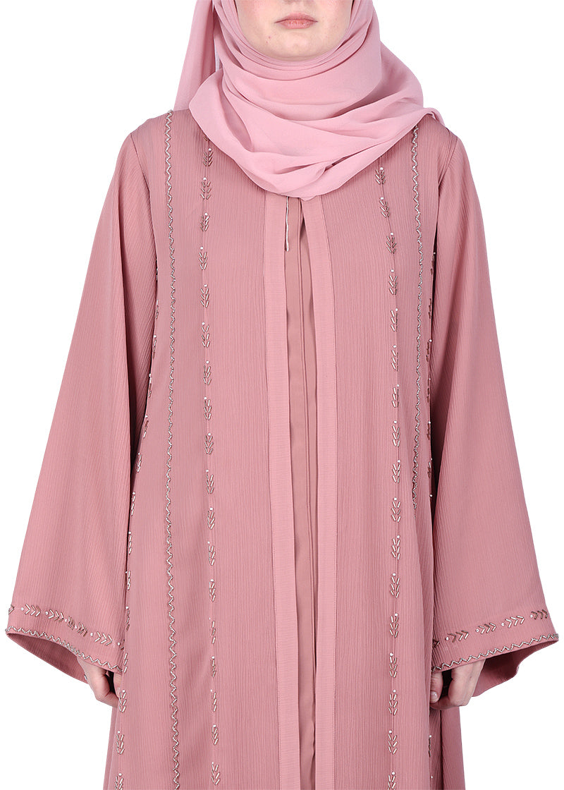BeingMuslims Dusty Sophisticated Abaya with Vertical Embroidery Panels both Front and Back Pink