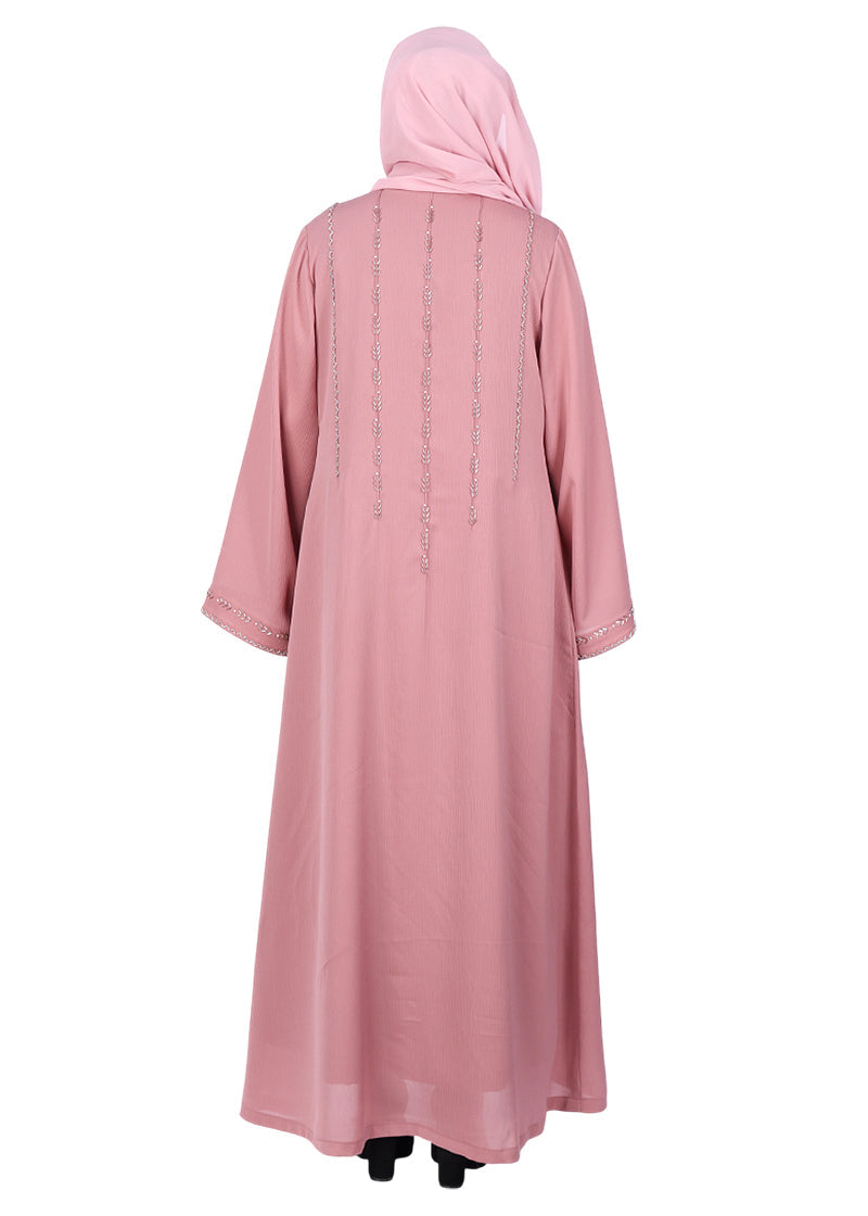 BeingMuslims Dusty Sophisticated Abaya with Vertical Embroidery Panels both Front and Back Pink