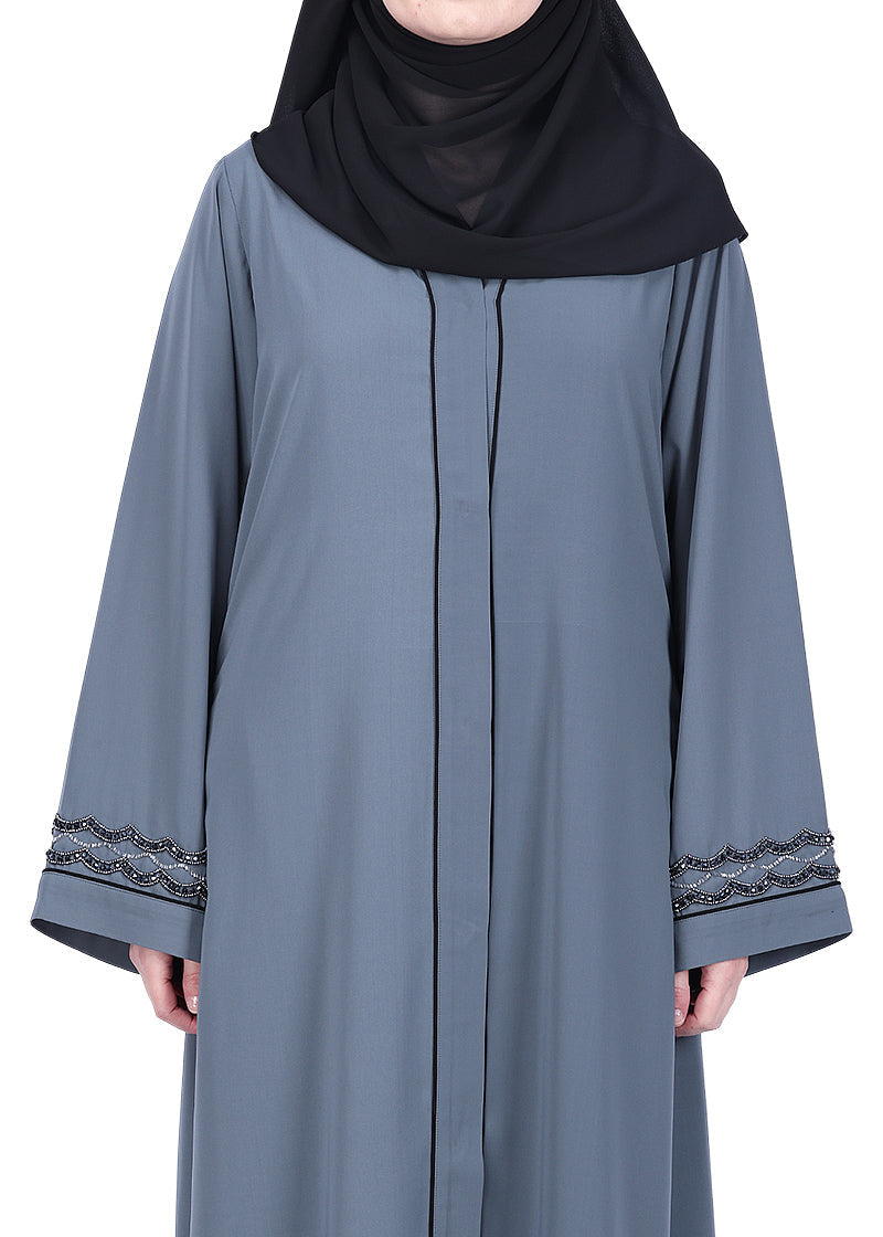 BeingMuslims Opulent Abaya with Delicate Embroidered Sleeve Cuffs. Grey