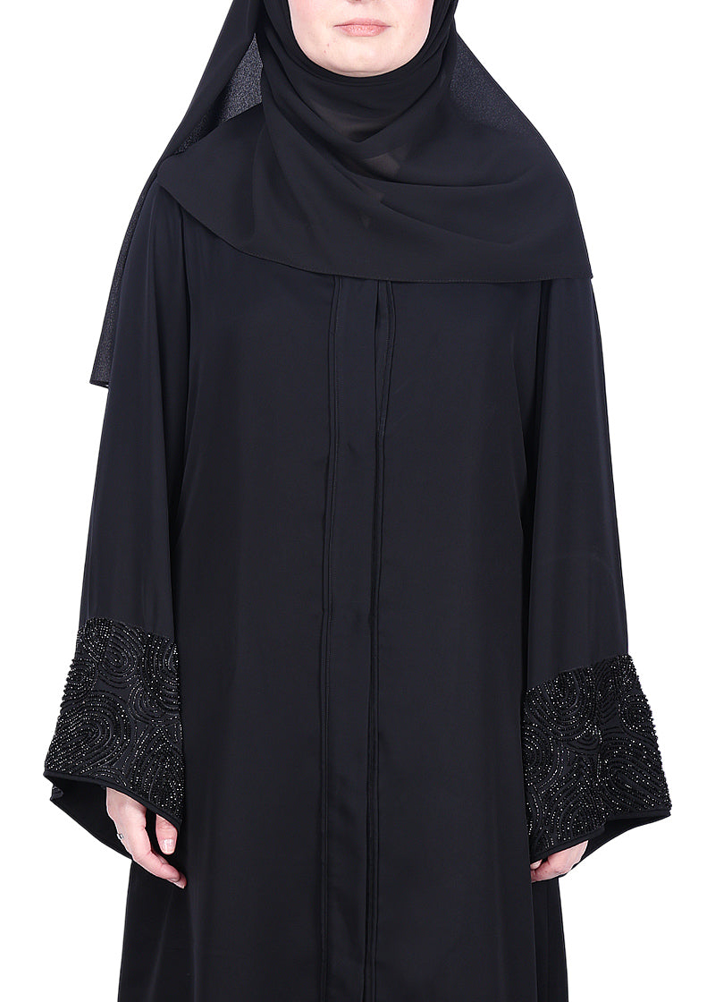 BeingMuslims Abaya with Rich on Embroidery on Sleeves Black