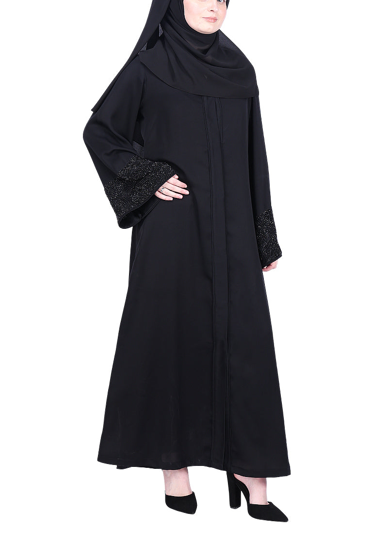 BeingMuslims Abaya with Rich on Embroidery on Sleeves Black