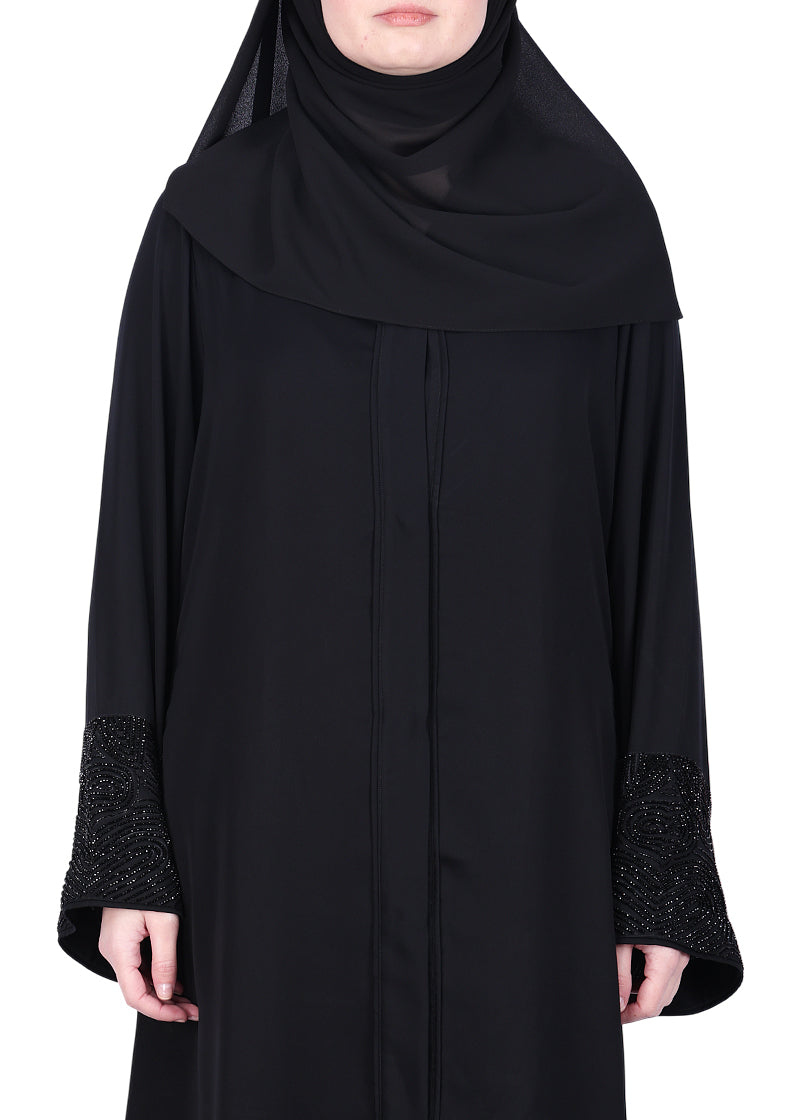 BeingMuslims Abaya with Rich on Embroidery on Sleeves Black