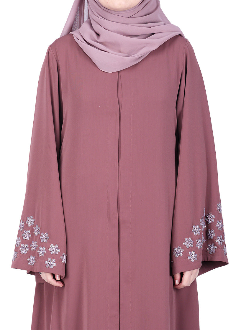 BeingMuslims Muted Abaya with Delicate Sleeve Embroidery Onion Pink