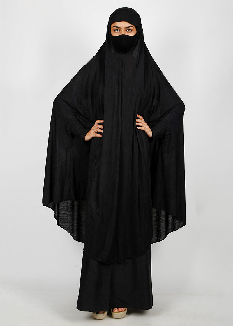 BeingMuslims Knee Length Jersey Khimar with sleeves in Black Black Pack of 10