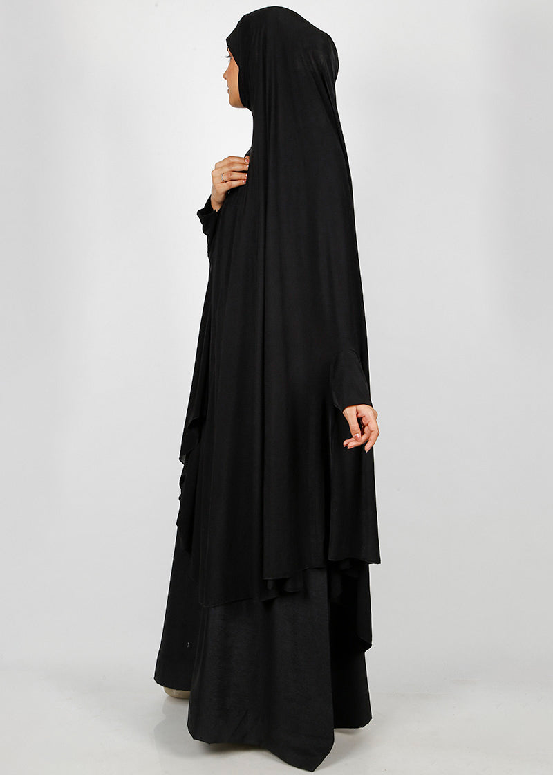 BeingMuslims Knee Length Jersey Khimar with sleeves in Rich Black Black Pack of 10