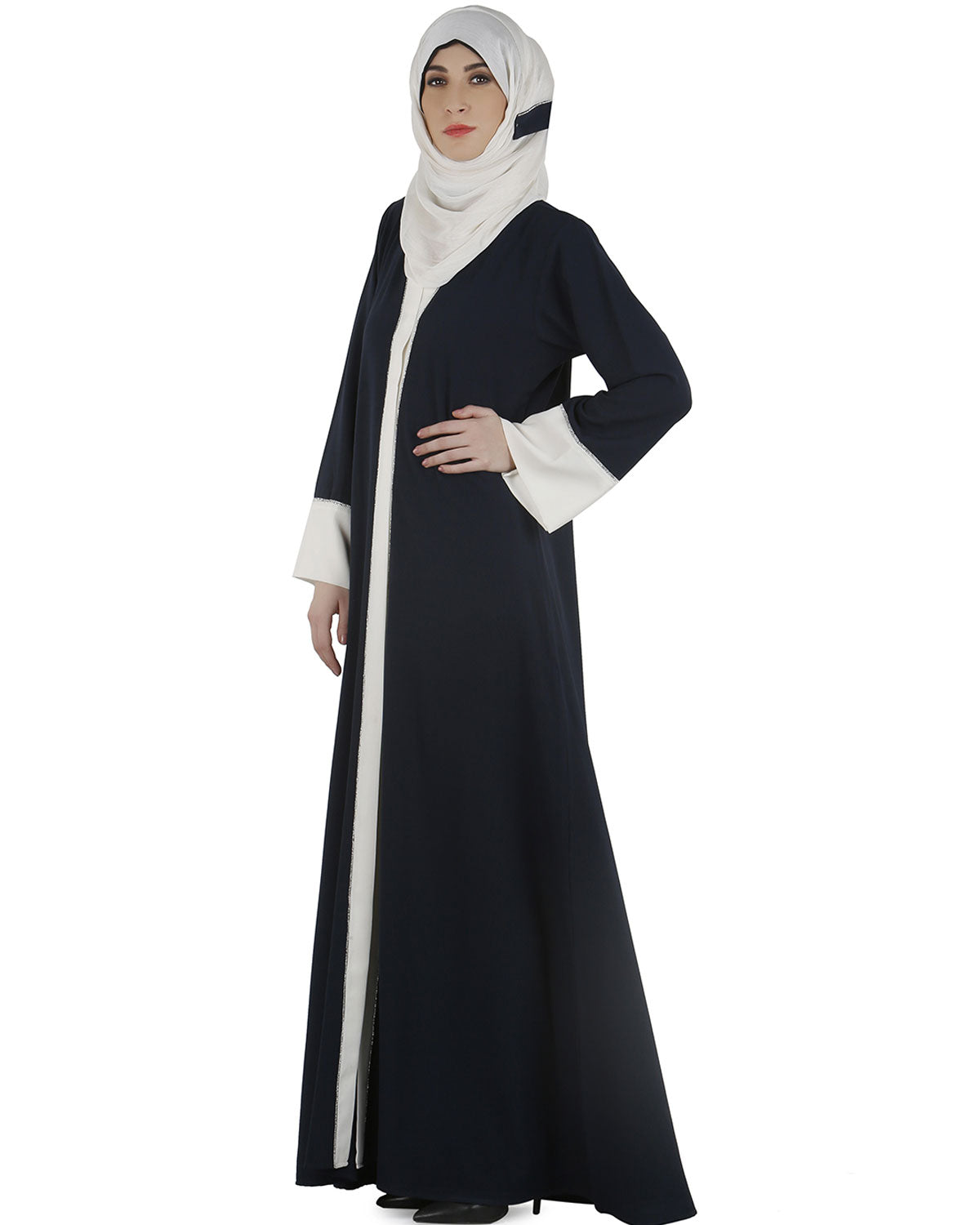 Dashing Navy and white abaya with swarovski lining
