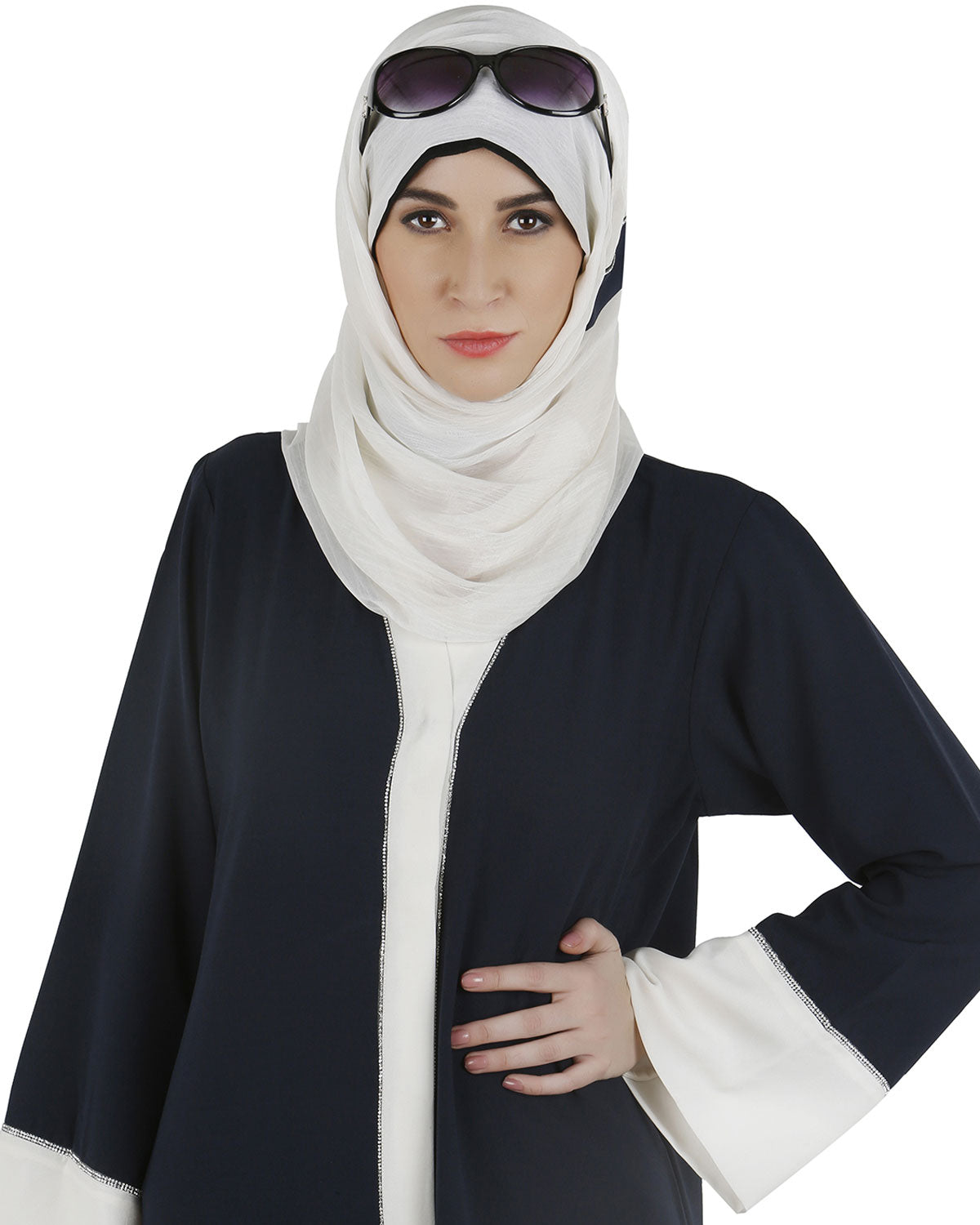 Dashing Navy and white abaya with swarovski lining Black