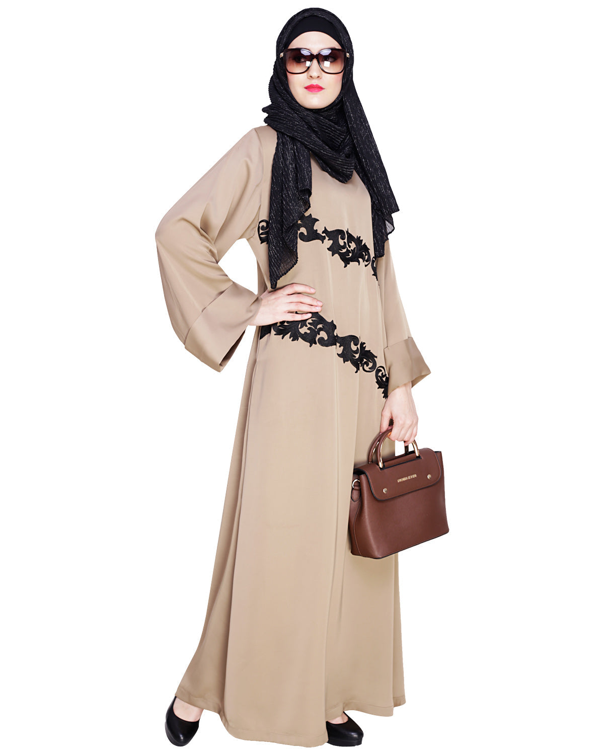 Fancy Embroidered Dubai Style Abaya Beige