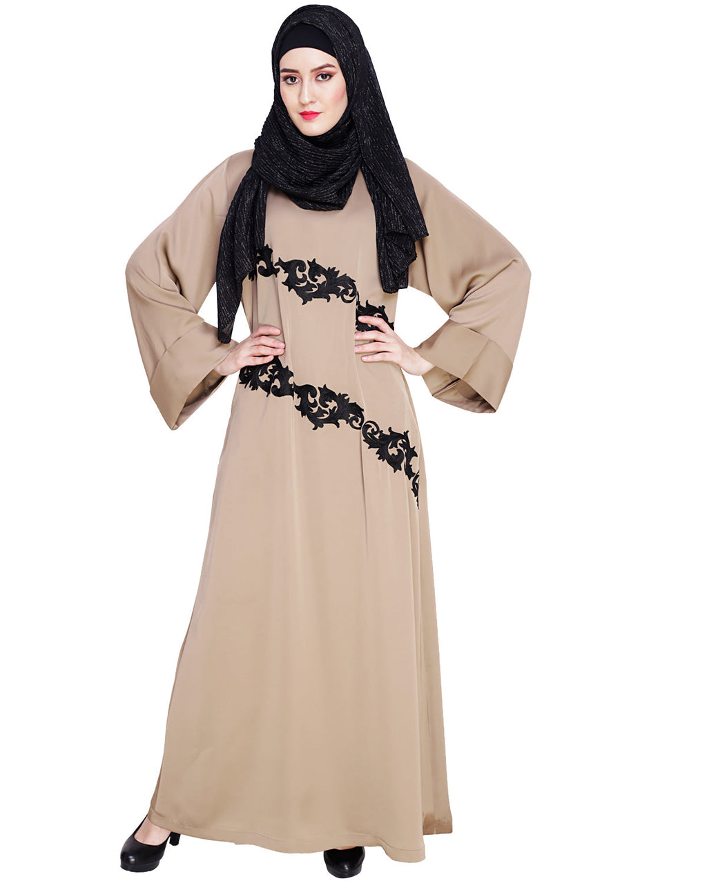 Fancy Embroidered Dubai Style Abaya Beige