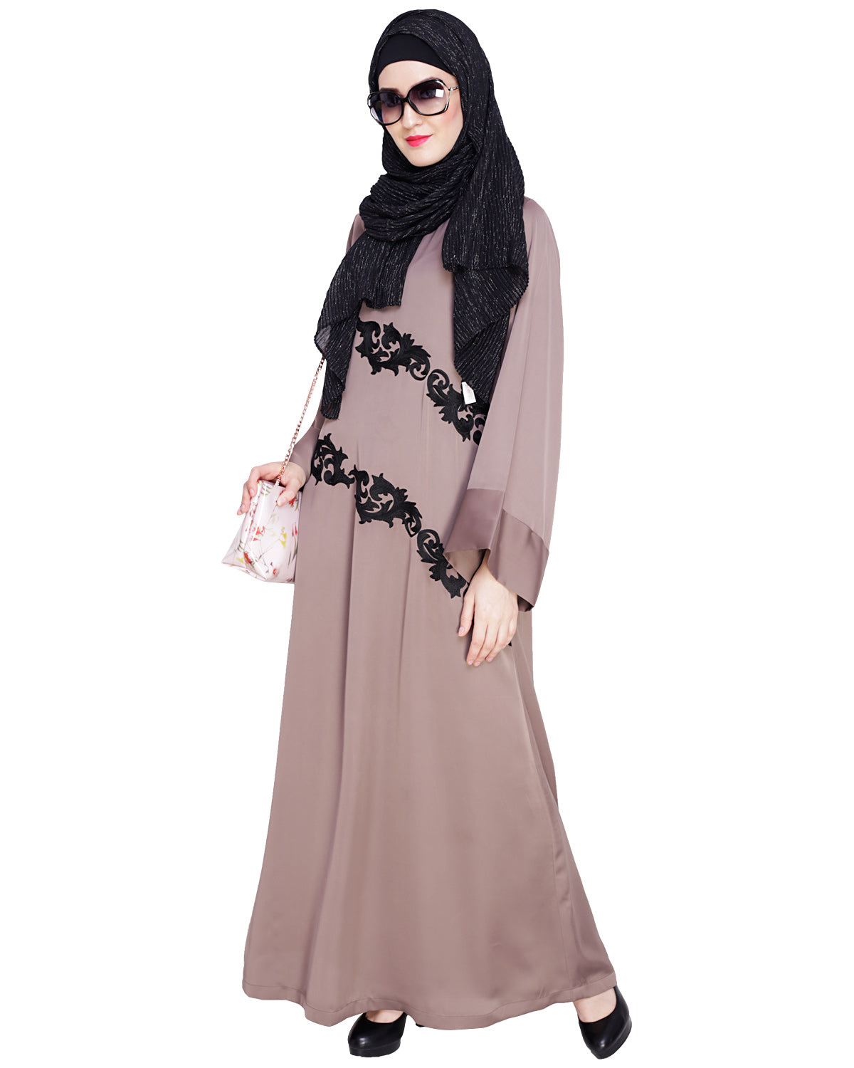 Fancy Embroidered Dubai Style Abaya Brown