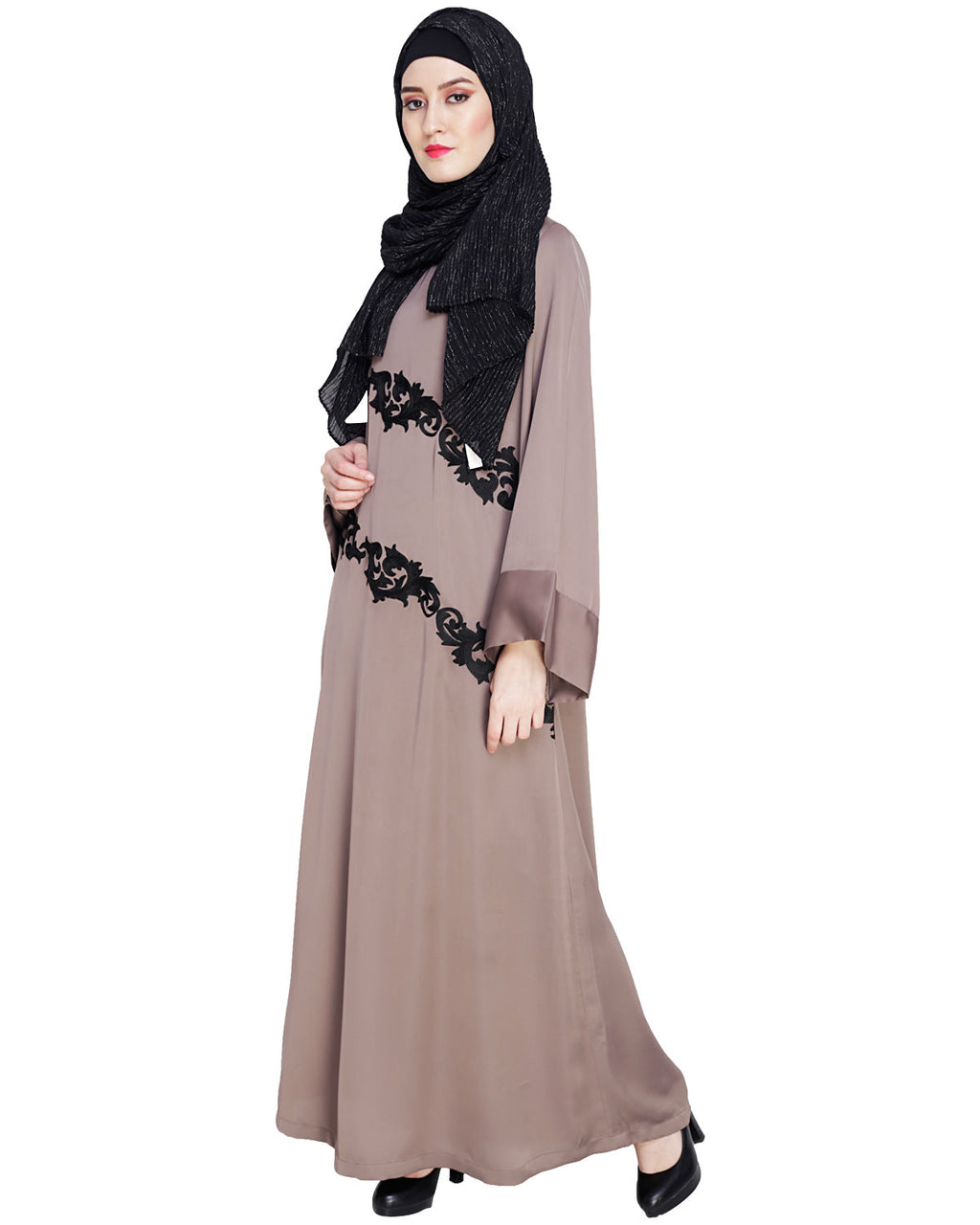 Fancy Embroidered Dubai Style Abaya Brown