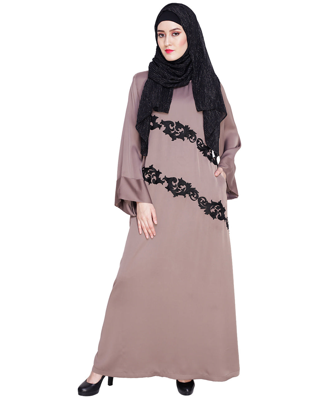 Fancy Embroidered Dubai Style Abaya Brown