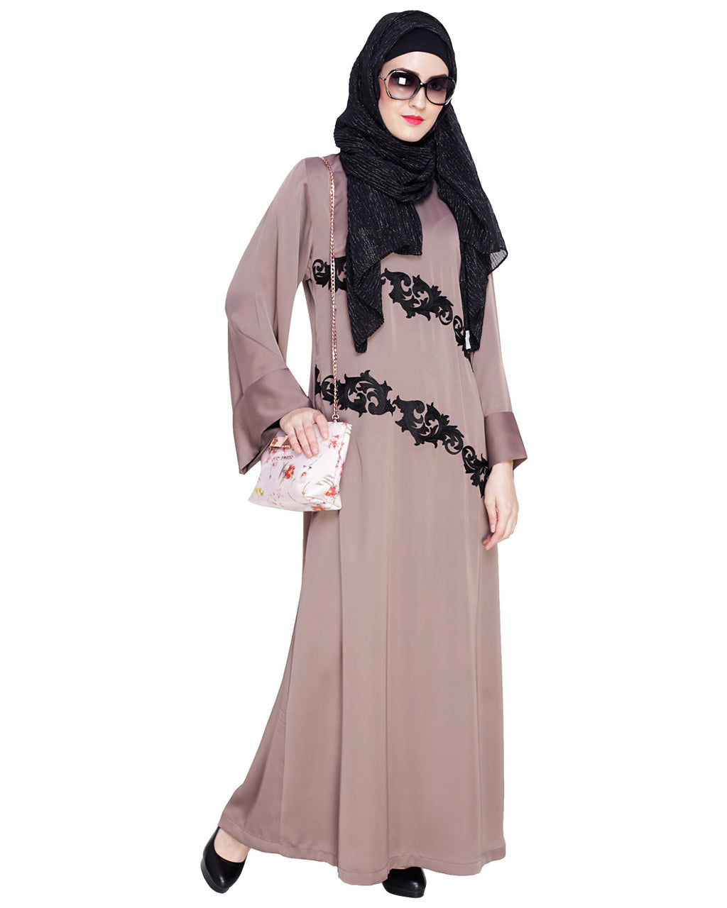 Fancy Embroidered Dubai Style Abaya Brown