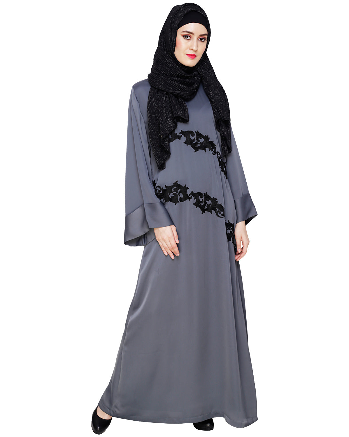Fancy Embroidered Dubai Style Abaya Grey