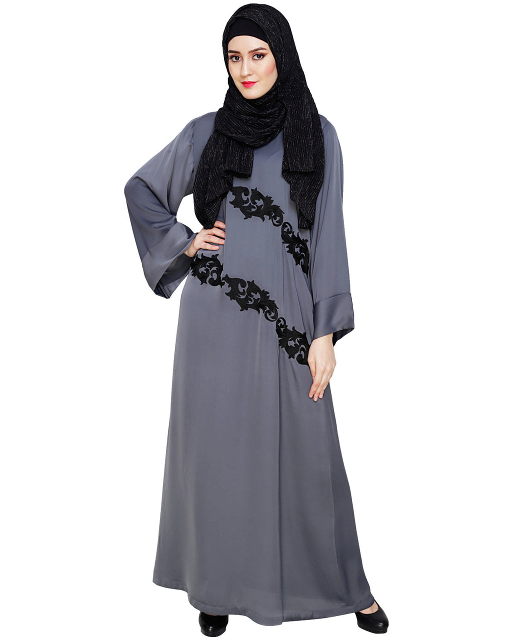 Fancy Embroidered Dubai Style Abaya Grey
