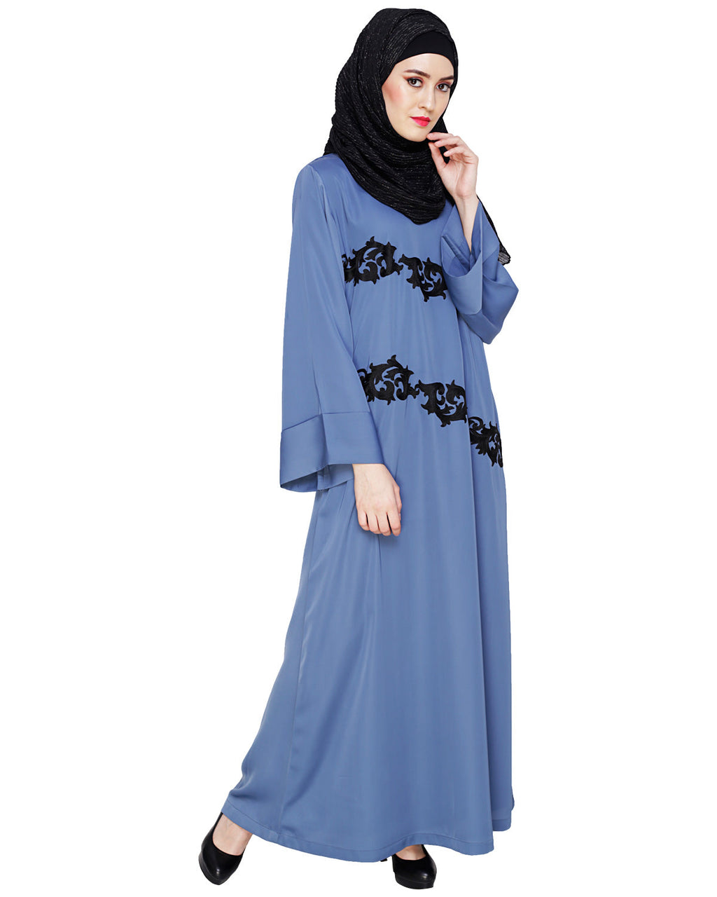 Fancy Embroidered Dubai Style Abaya Steel Blue