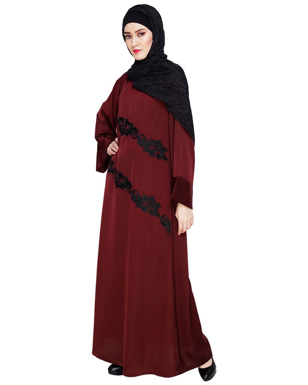 Fancy Embroidered Dubai Style Abaya Wine