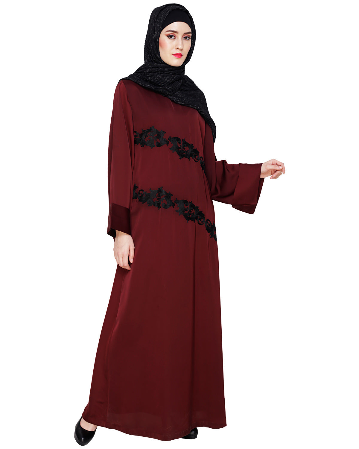Fancy Embroidered Dubai Style Abaya Wine