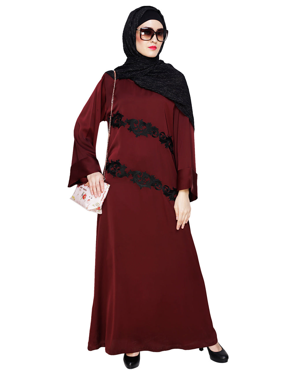 Fancy Embroidered Dubai Style Abaya Wine