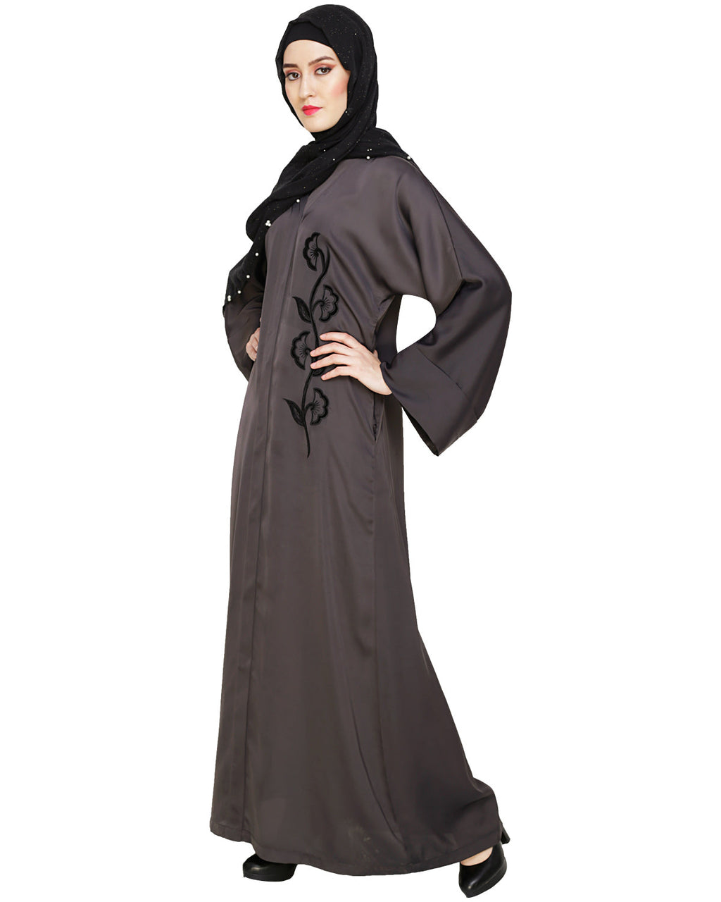 Exclusive Applique Dubai Style Abaya Dark Grey
