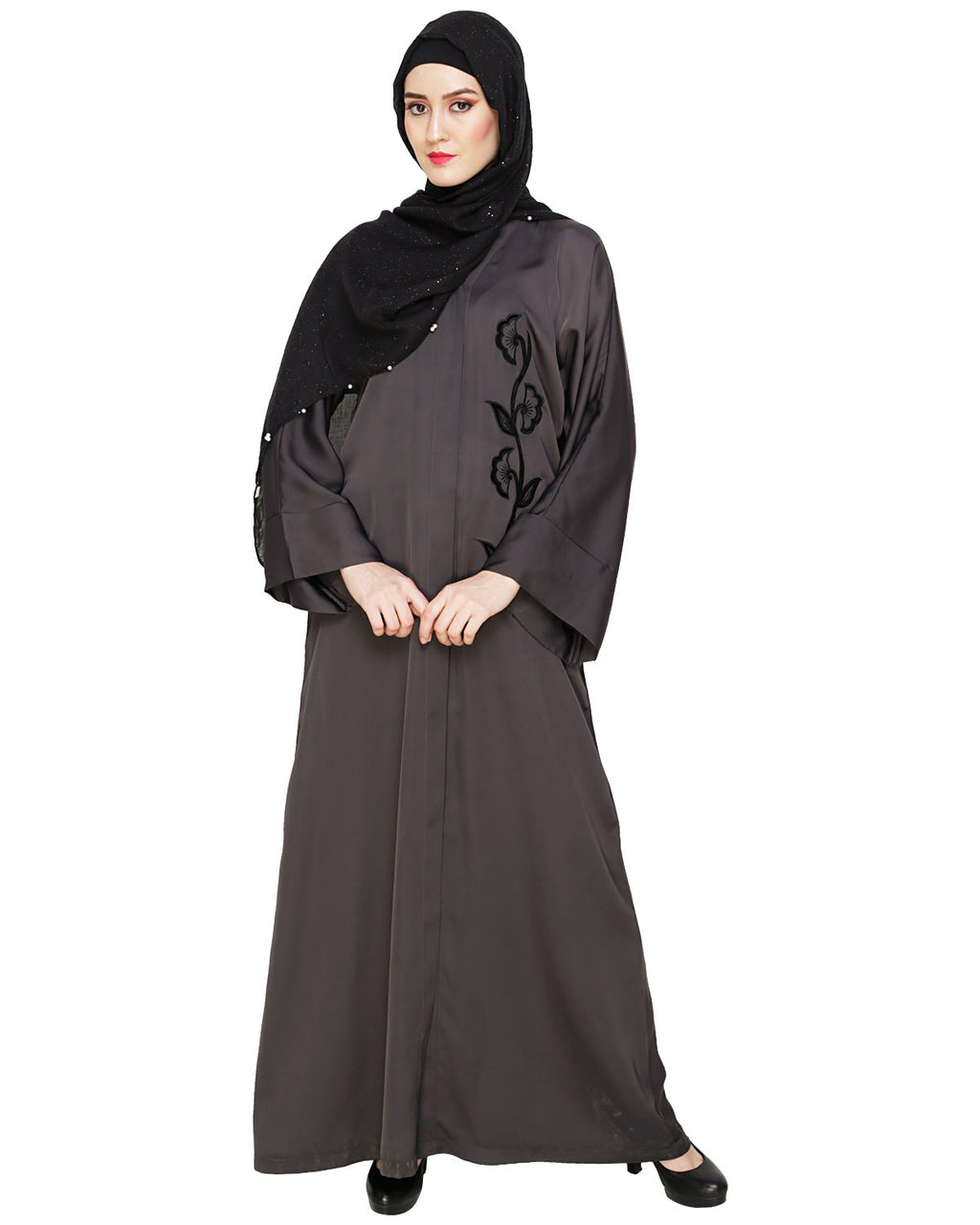 Exclusive Applique Dubai Style Abaya Dark Grey