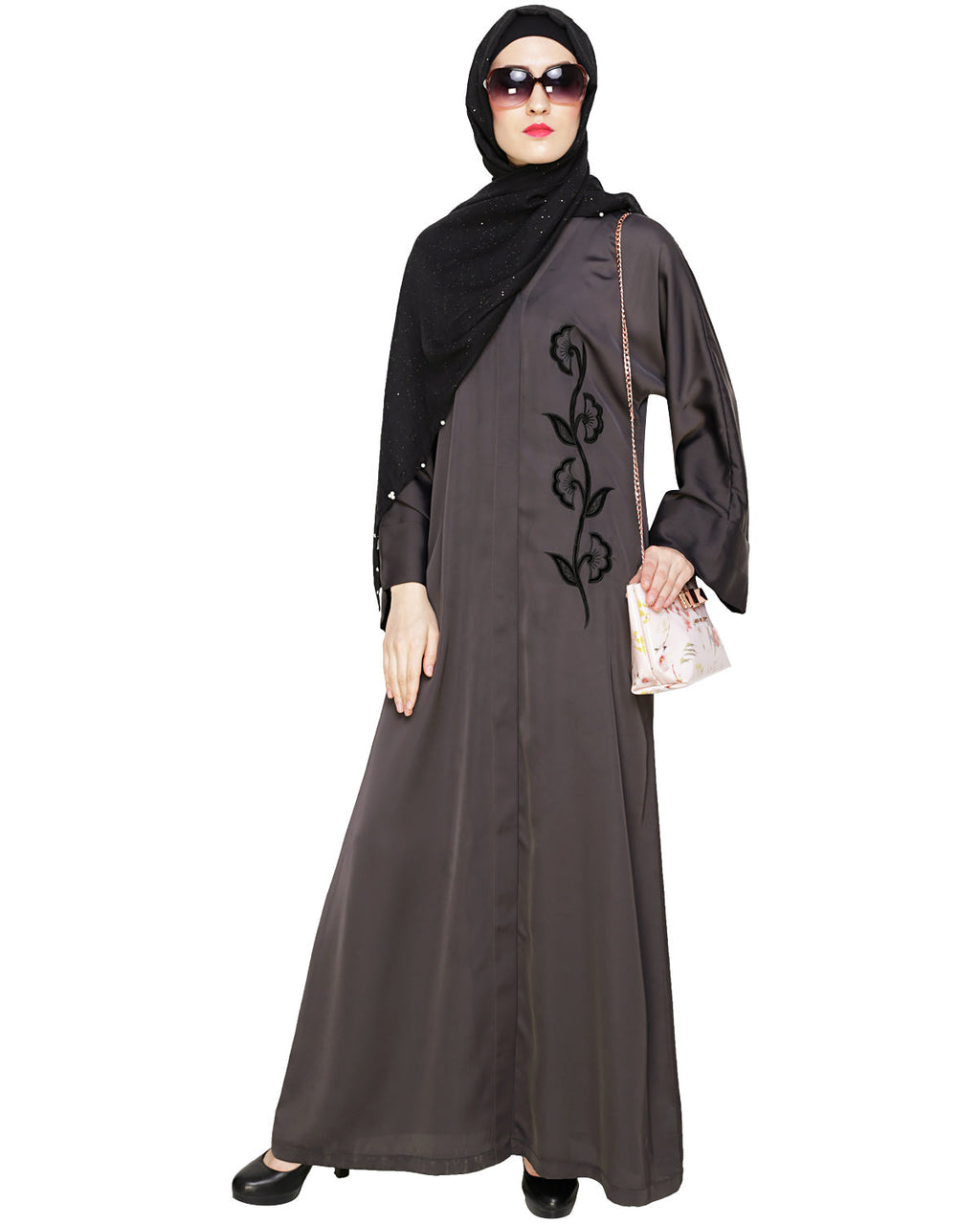 Exclusive Applique Dubai Style Abaya Dark Grey
