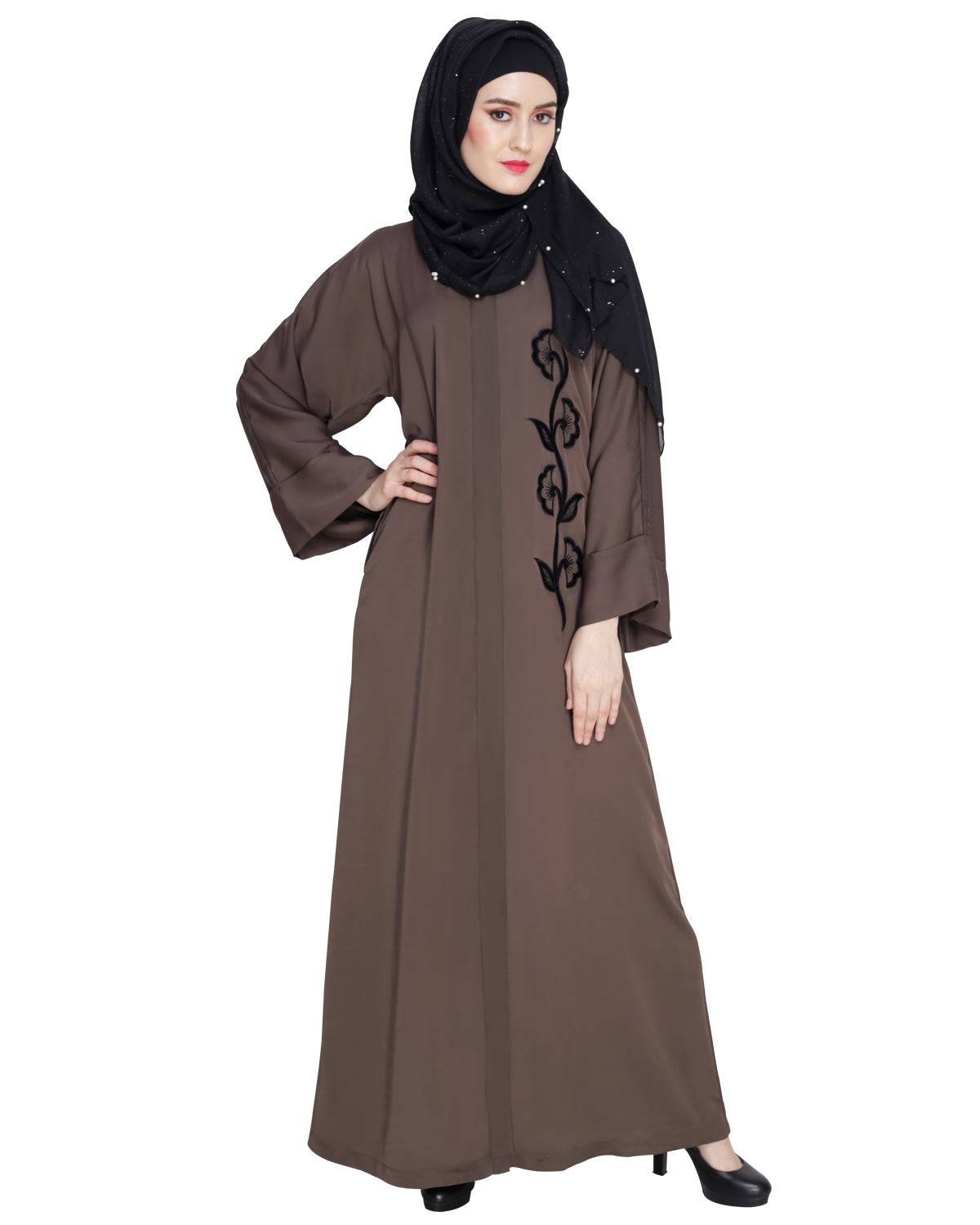 Exclusive Applique Dubai Style Abaya Oak Brown