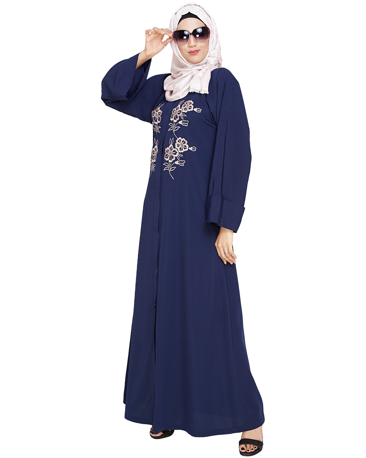 Floweret Embroidered Dubai Style Abaya Blue