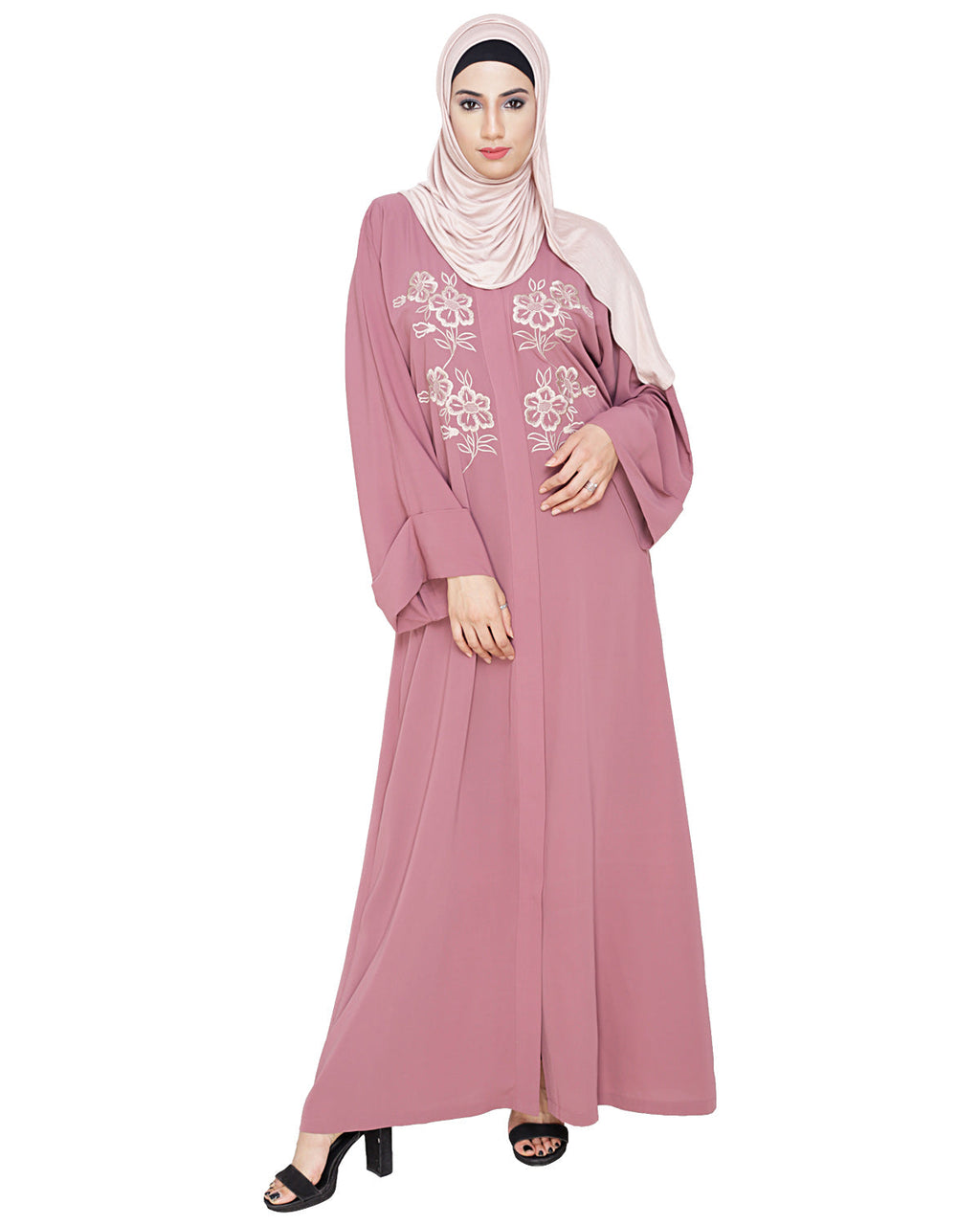Floweret Embroidered Dubai Style Abaya Onion Pink