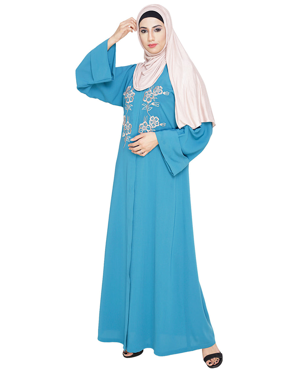 Floweret Embroidered Dubai Style Abaya Teal Blue