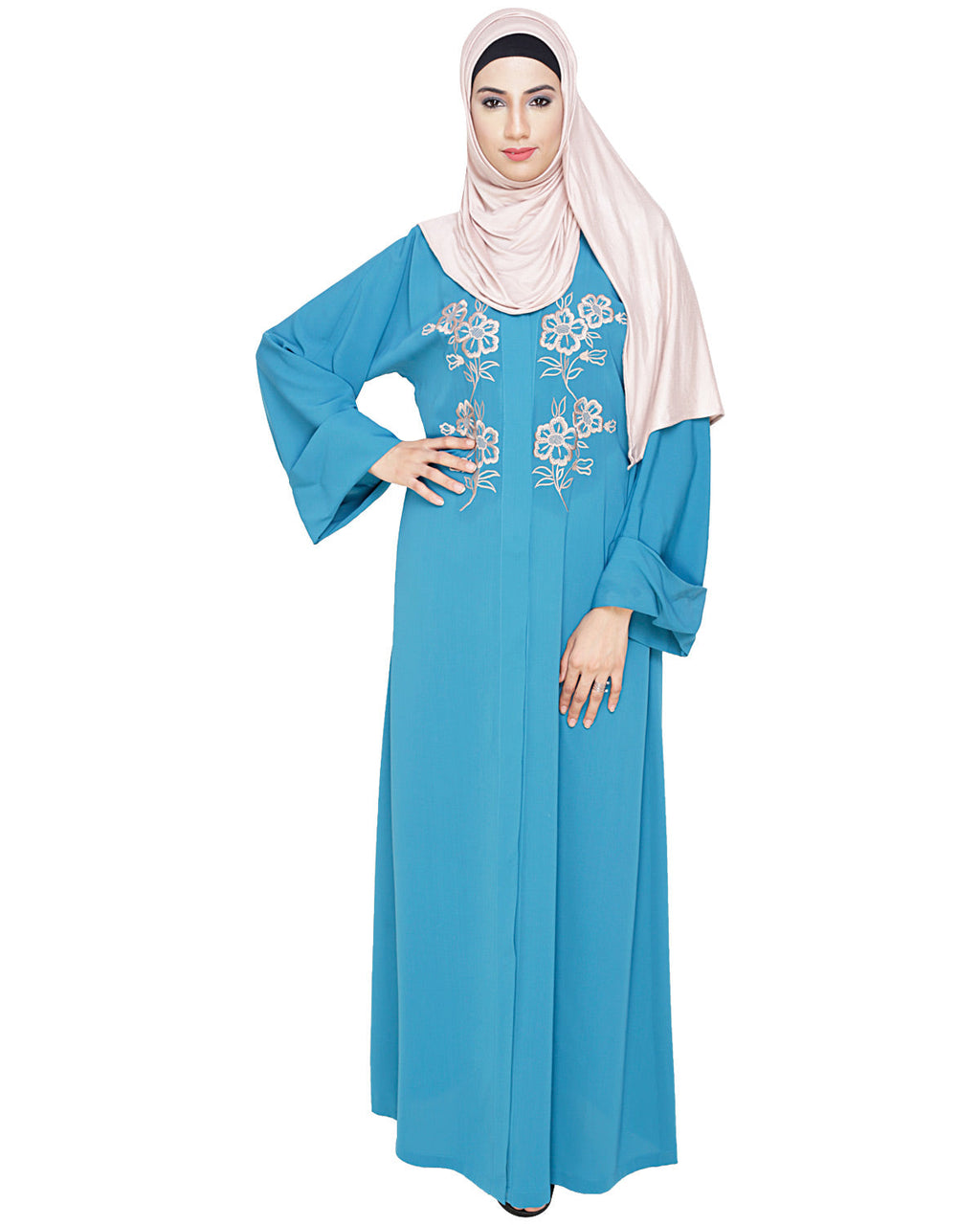 Floweret Embroidered Dubai Style Abaya Teal Blue