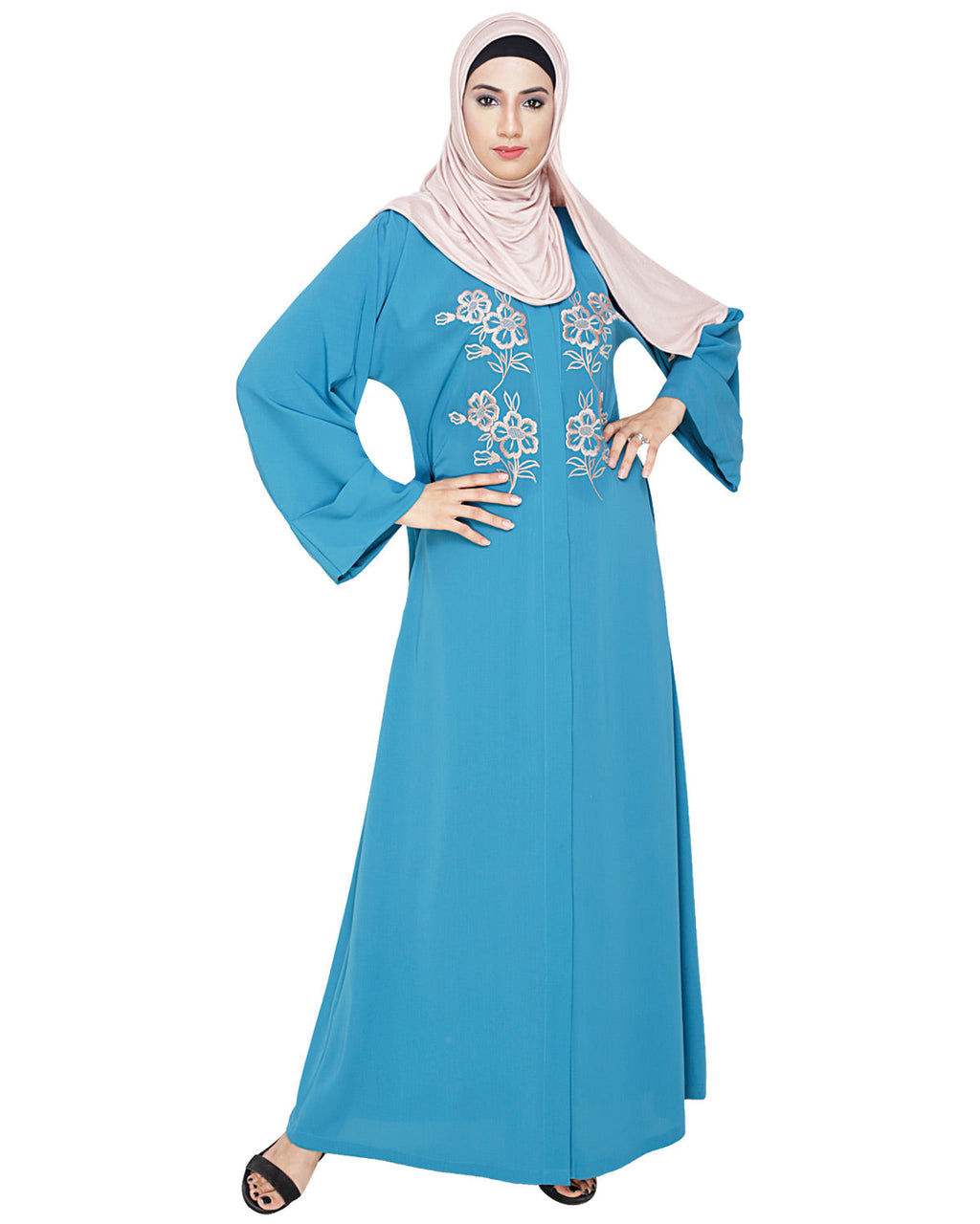 Floweret Embroidered Dubai Style Abaya Teal Blue