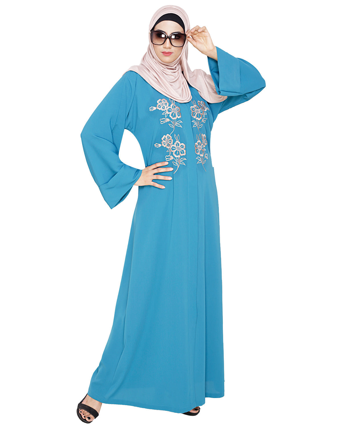 Floweret Embroidered Dubai Style Abaya Teal Blue